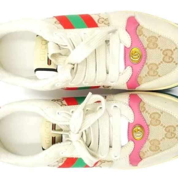 Gucci GG Logo Screener Web Stripe Beige with Pink Leather Trim Size EU39/US8.5 - Picture 2 of 9